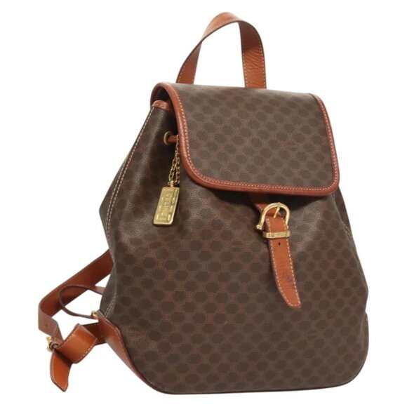 CELINE Macadam Canvas Backpack PVC Leather Brown Gold Auth sw678 - Picture 1 of 15